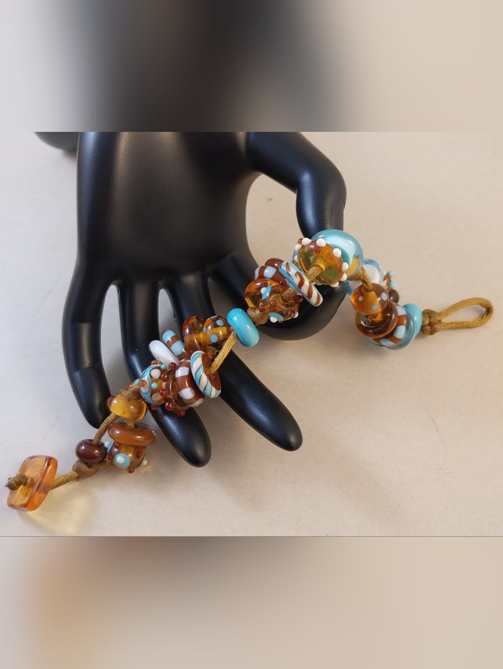 Vintage Lampwork Turquoise and Amber Glass Bead Bracelet - Picture 4 of 10